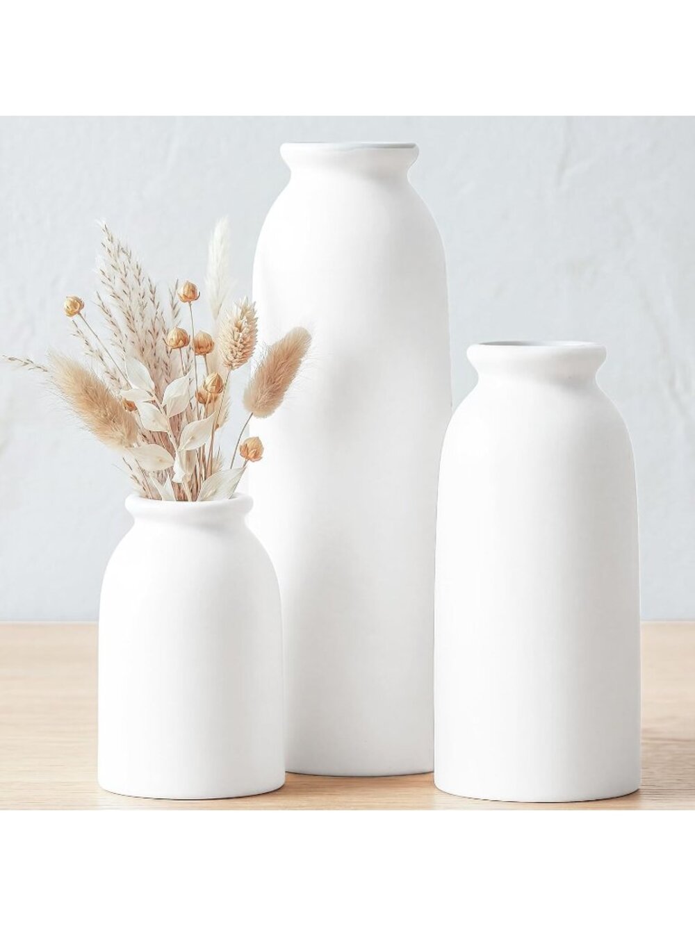 White Ceramic Vases Flower Set of 3 Small Waterproof Farmhouse Table Decorative